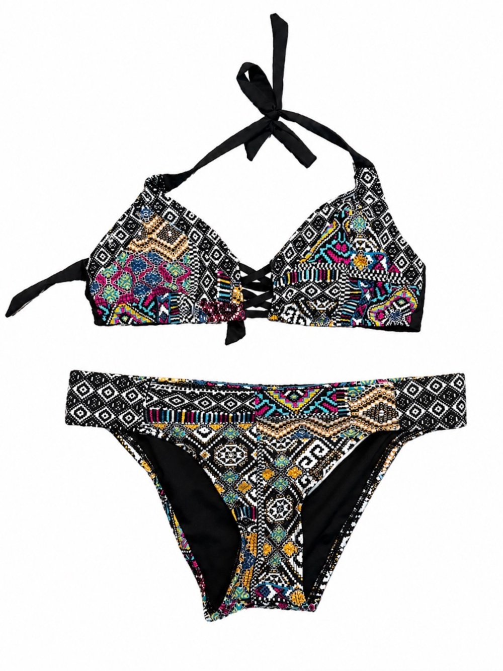 Mossimo Tribal Print Bikini Set Halter Criss Cross Top Swimwear Medium